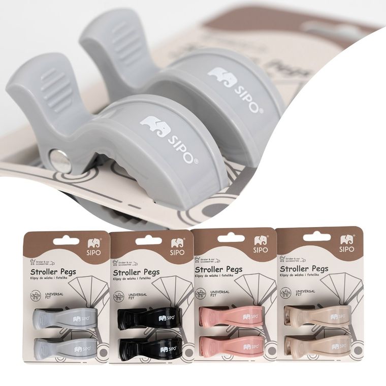 Sipo, zestaw uniwersalnych klipsów do wózka, szare, 2 szt.