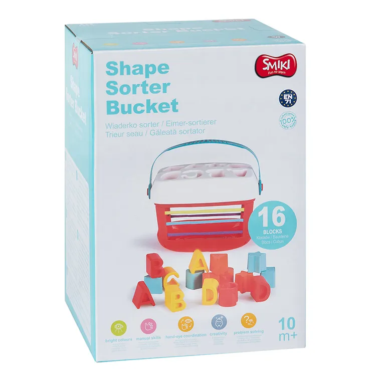 Smiki, Kształty i litery, wiaderko z sorterem, zabawka niemowlęca