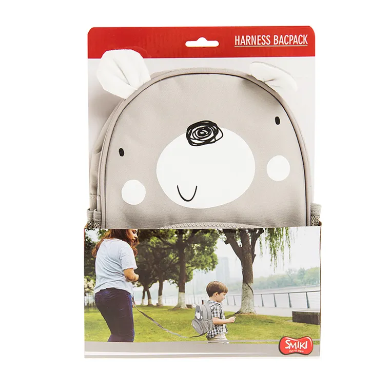 Smiki, plecak ze smyczą, szary, miś