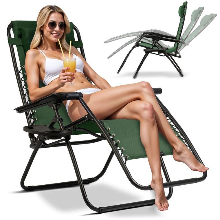 Sofotel, ChillWell, leżak ogrodowy składany z poduszką, zielony, zestaw, 2 szt.