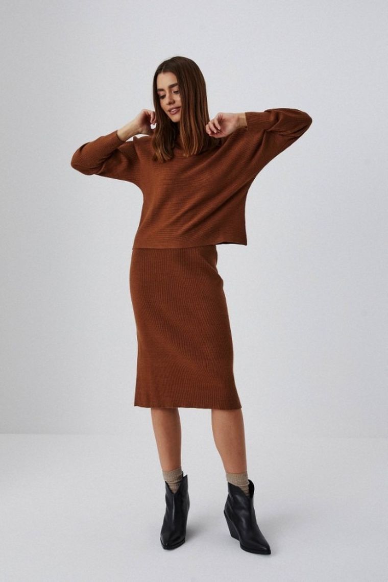 Spódnica damska, prążkowana, brązowa, Moodo