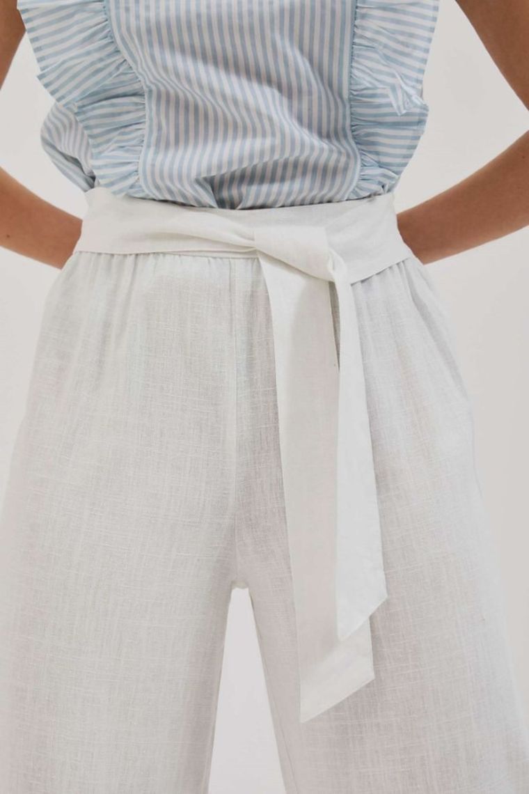 Spodnie materiałowe damskie z lnem, białe, Moodo