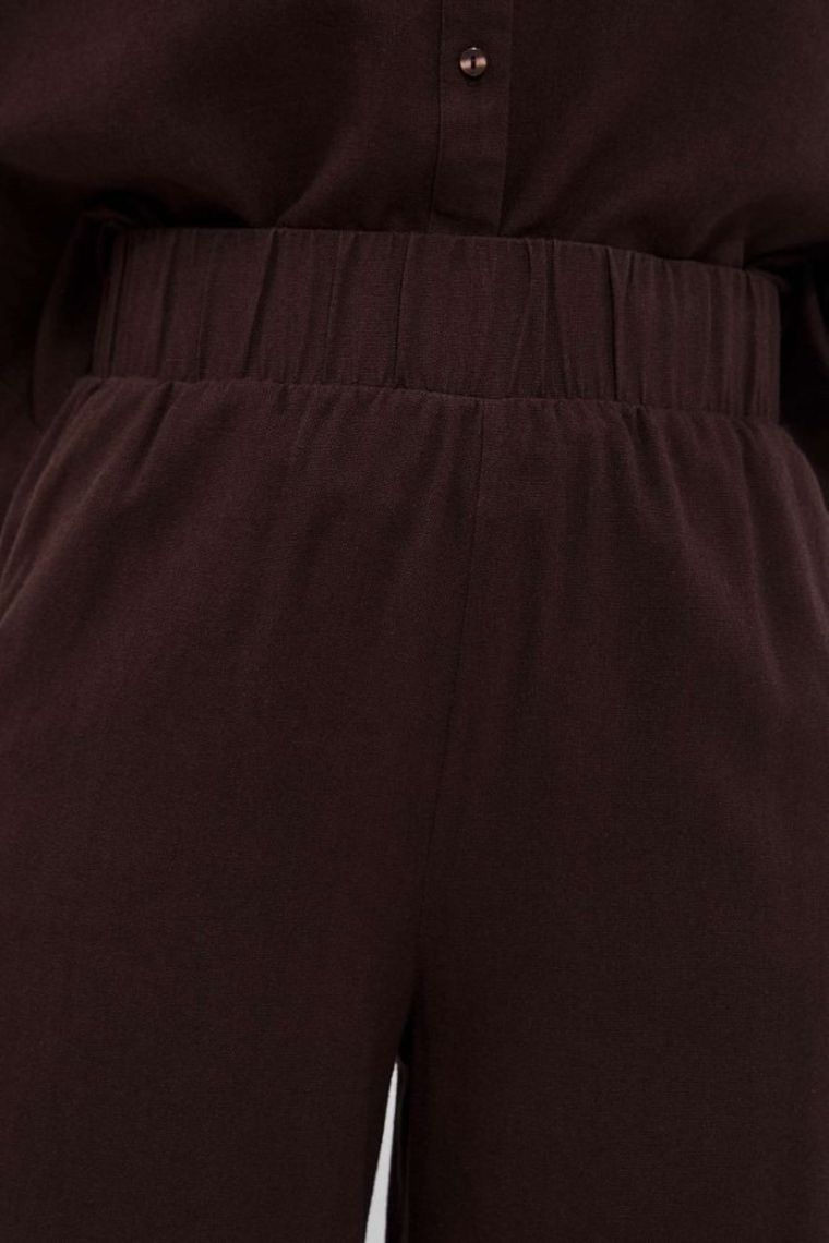 Spodnie materiałowe damskie z lnem, brązowe, Moodo