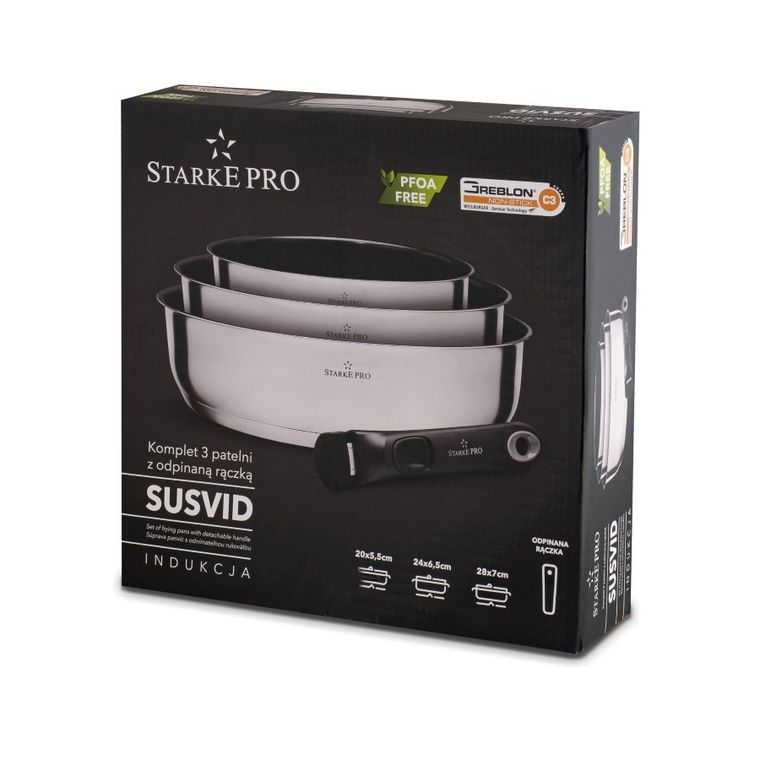 Starke Pro, Susvid, komplet patelni, odpinana rączka, 20/24/28 cm, 4 elementy