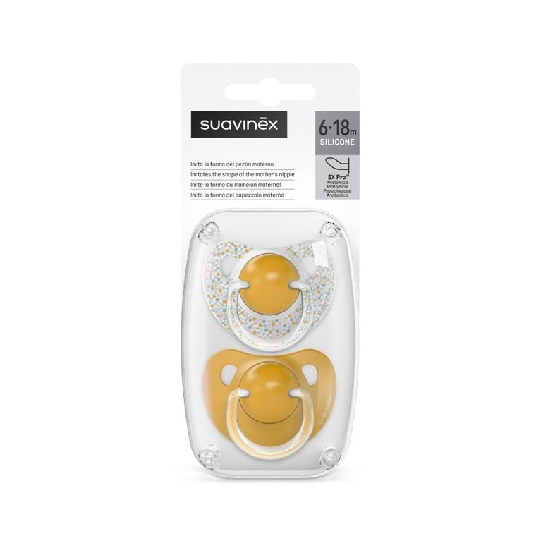 Suavinex, Dreams, smoczek anatomiczny, silikonowy, żółty, 6-18m, 2 szt.