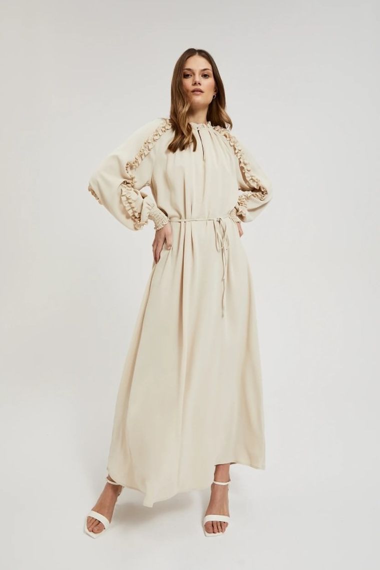 Sukienka damska z długim rękawem, beżowa, Moodo