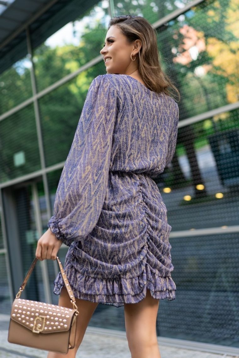 Sukienka damska z długim rękawem, niebieska, marszczenie, Ealonna, Merribel