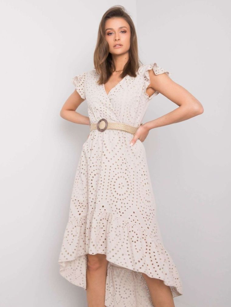 Sukienka damska z krótkim rękawem, beżowa, Och Bella