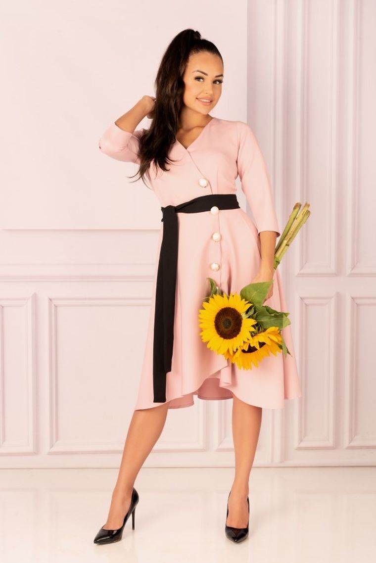 Sukienka damska z rękawem 3/4, jasnoróżowa, kokarda, Miramen, Merribel