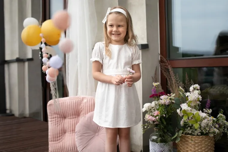 Sukienka dziewczęca z krótkim rękawem, ecru, Charlotte, Pinokio