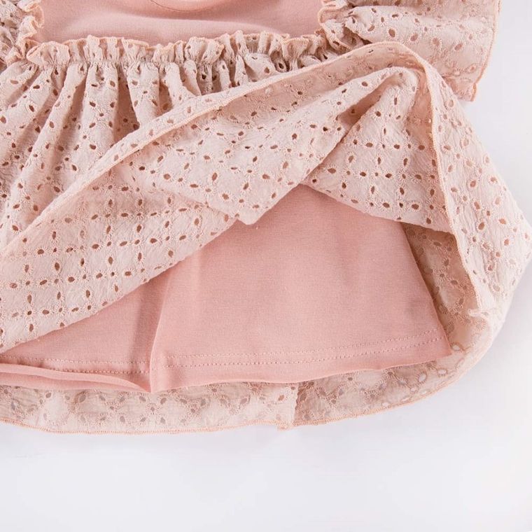 Sukienka dziewczęca z krótkim rękawem, różowa, haft angielski, Eevi