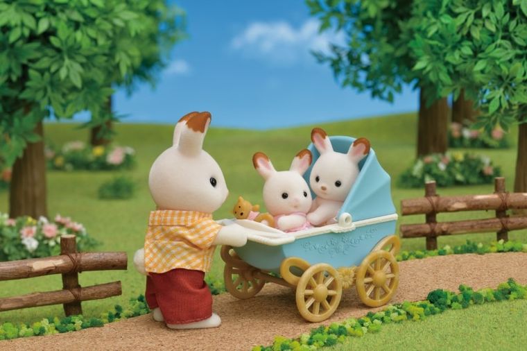 Sylvanian Families, bliźniaki królików z czekoladowymi uszkami, wózek, akcesoria, zestaw, 5432
