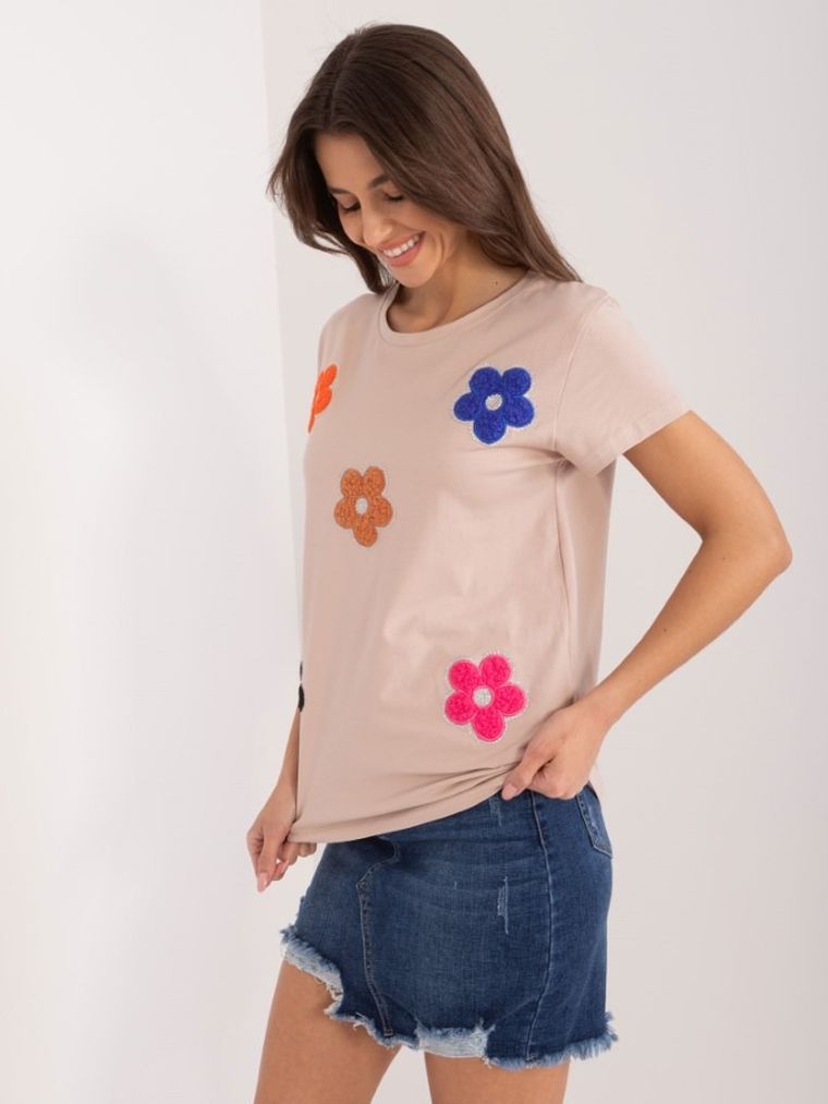 T-shirt damski, beżowy, Basic Feel Good