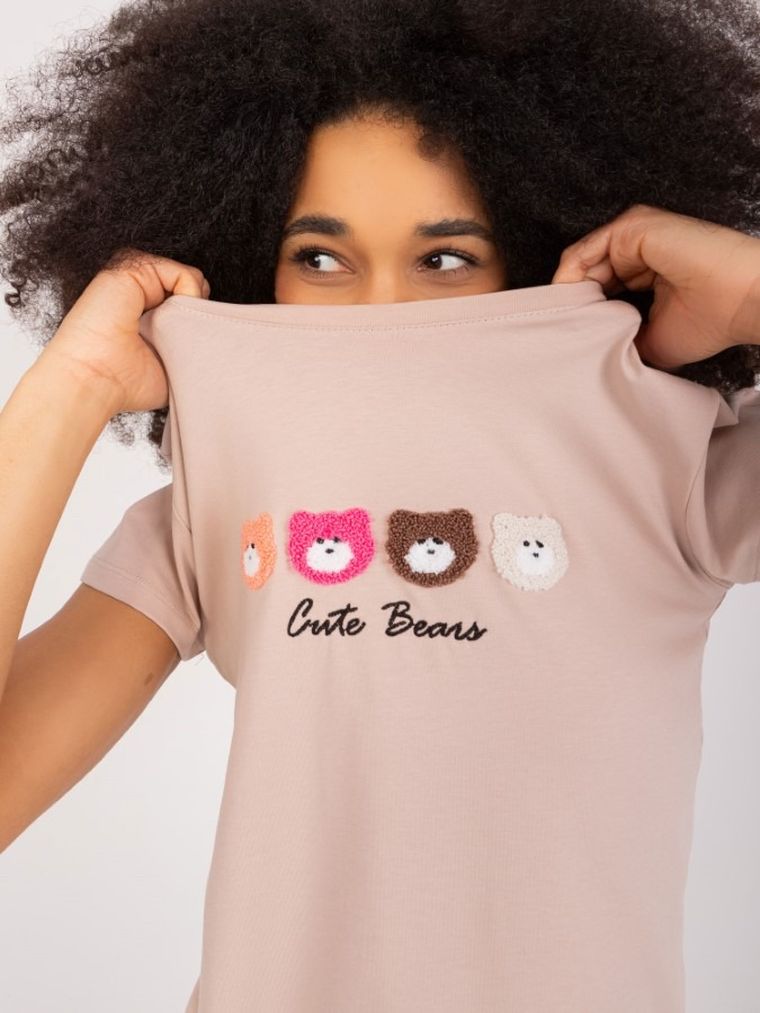 T-shirt damski, beżowy, Basic Feel Good