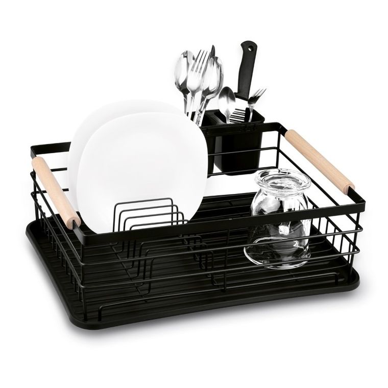 Tadar, suszarka do naczyń z ociekaczem i tacą, czarna, drewniane uchwyty, 43-32-15 cm