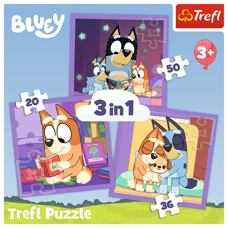 Trefl, Bluey, Poznaj Bluey, puzzle 3w1