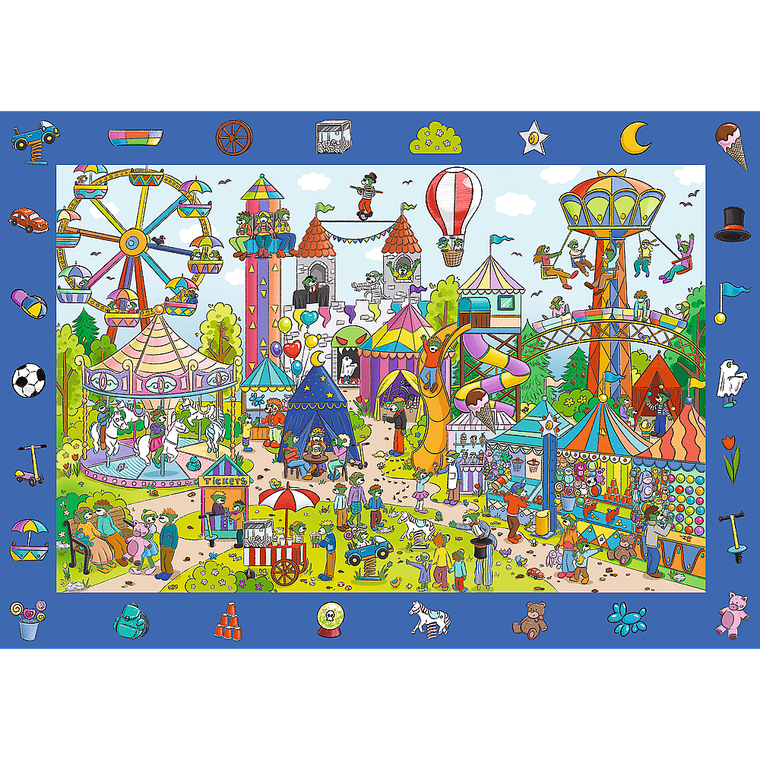 Trefl, Rodzina Treflików, Spy Guy, Wesołe miasteczko + Miasto, puzzle obserwacyjne, 2-100 elementów, zestaw promocyjny