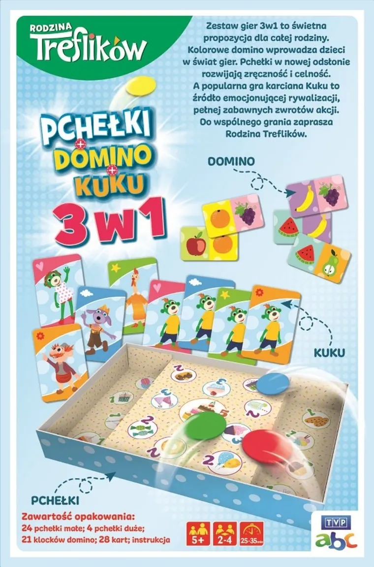 Trefl, Rodzina Treflików, Trefliki 3w1: Domino + Pchełki + Kuku, zestaw gier