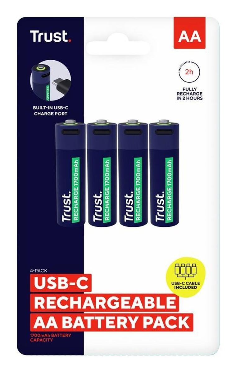 Trust, USB-C Rechargeable Batteries, baterie AA, 4 szt.