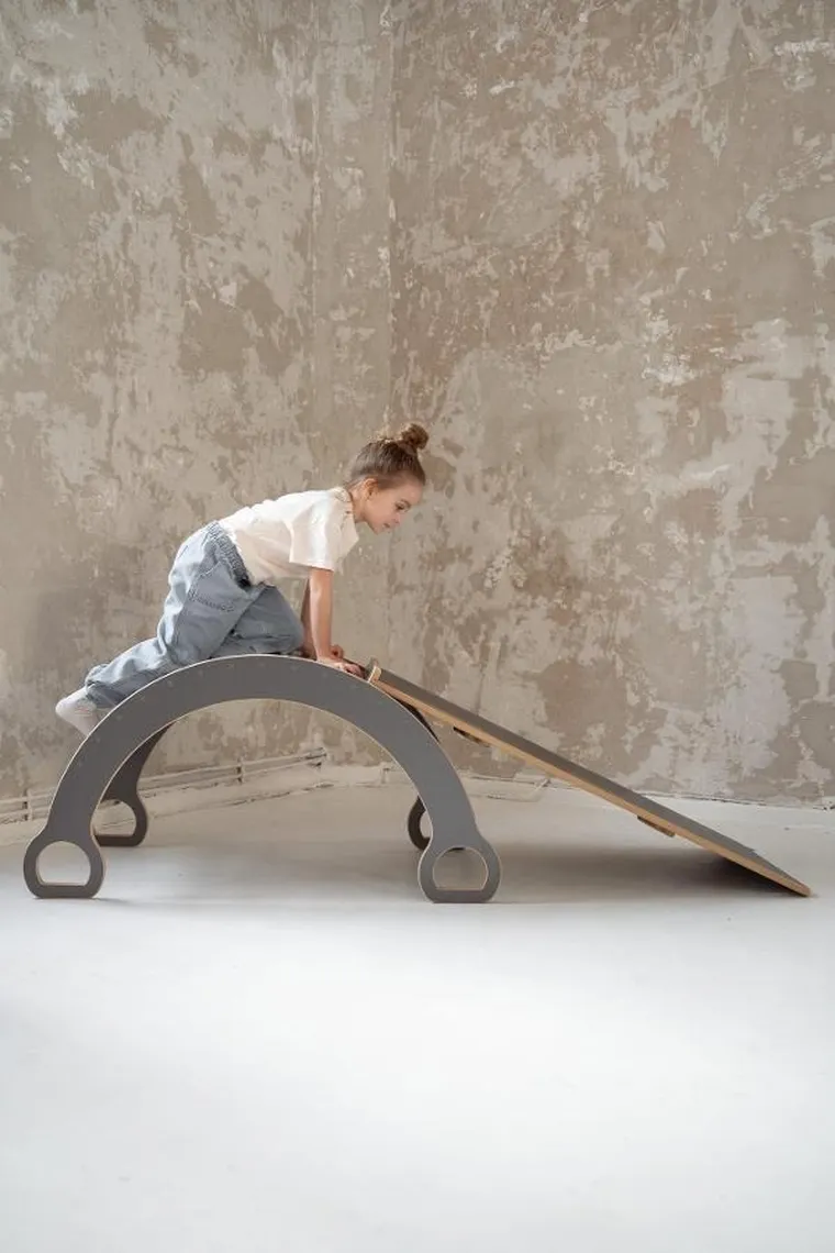 tupti.wood, 2w1: duży bujak montessori + duża zjeżdżalnia, chmurki, szara