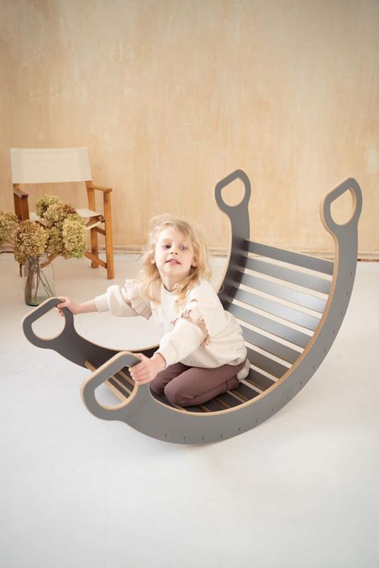 tupti.wood, 2w1: duży bujak montessori + duża zjeżdżalnia, drabinka, szara