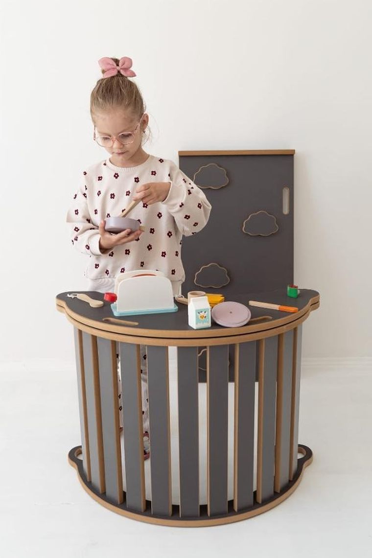 tupti.wood, 3w1: mały bujak montessori + mała zjeżdżalnia, chmurki, szary