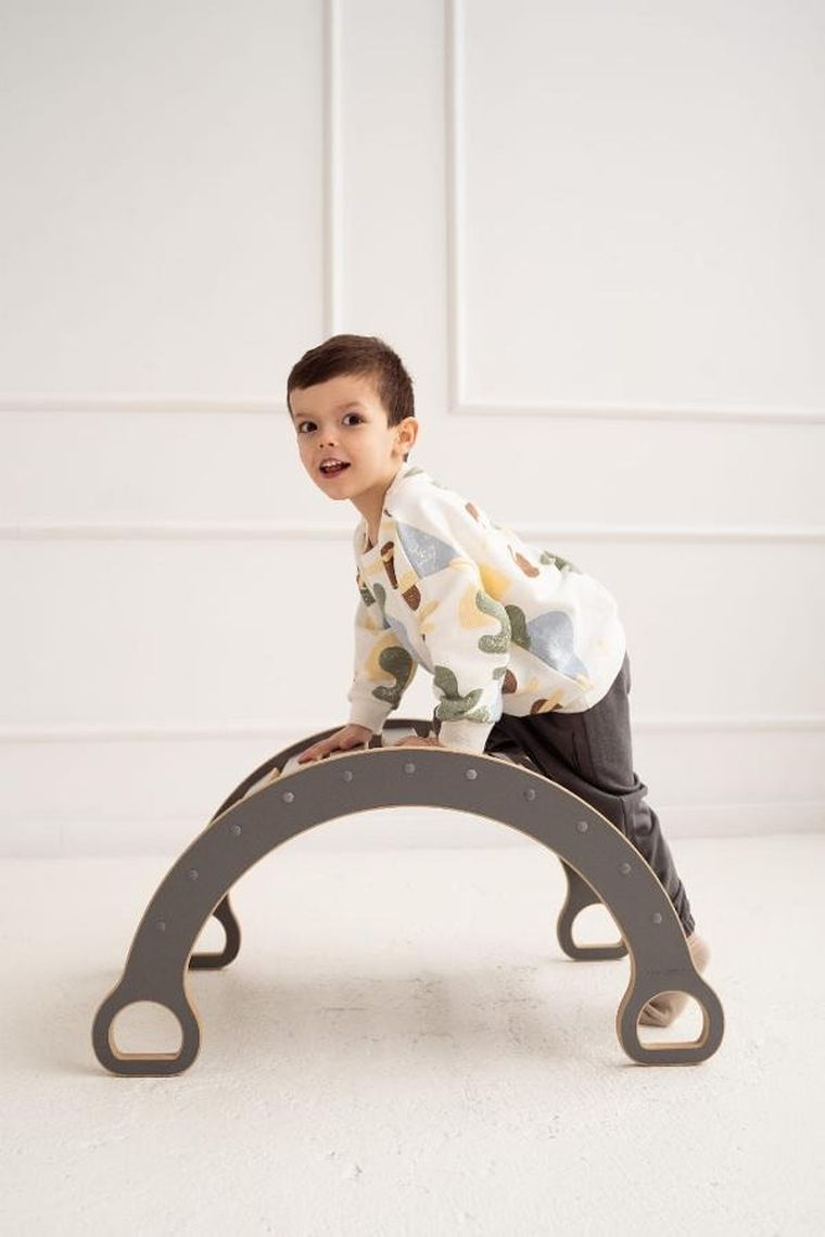 tupti.wood, 3w1: mały bujak montessori + mała zjeżdżalnia, drabinka + blat, szary