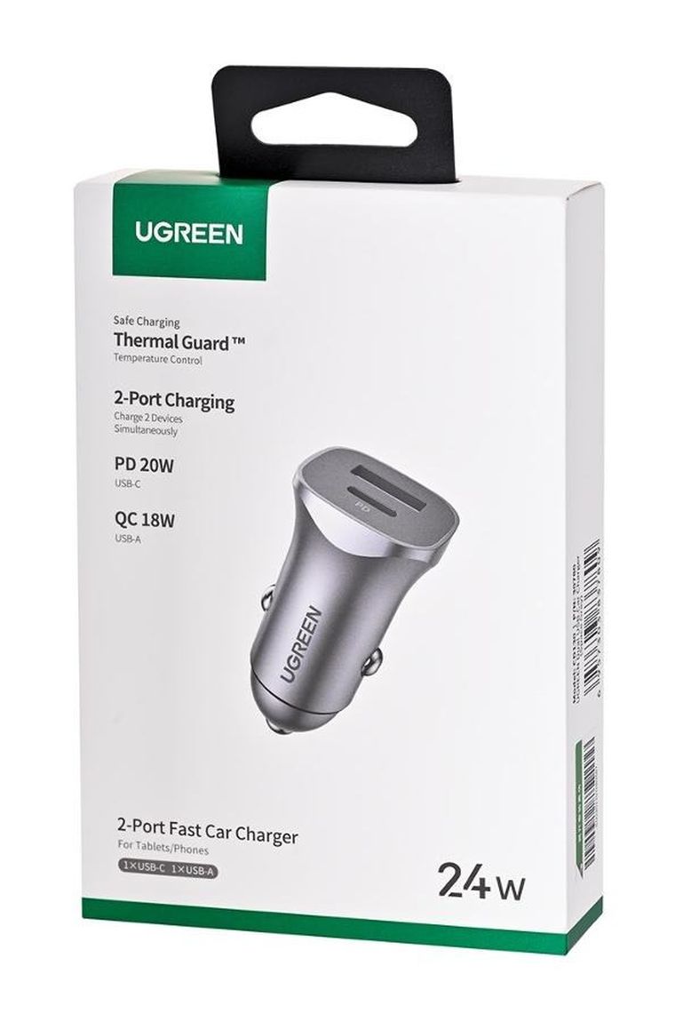 Ugreen, ładowarka samochodowa, USB Typ C / USB 24W, Power Delivery Quick Charge, szary, 30780