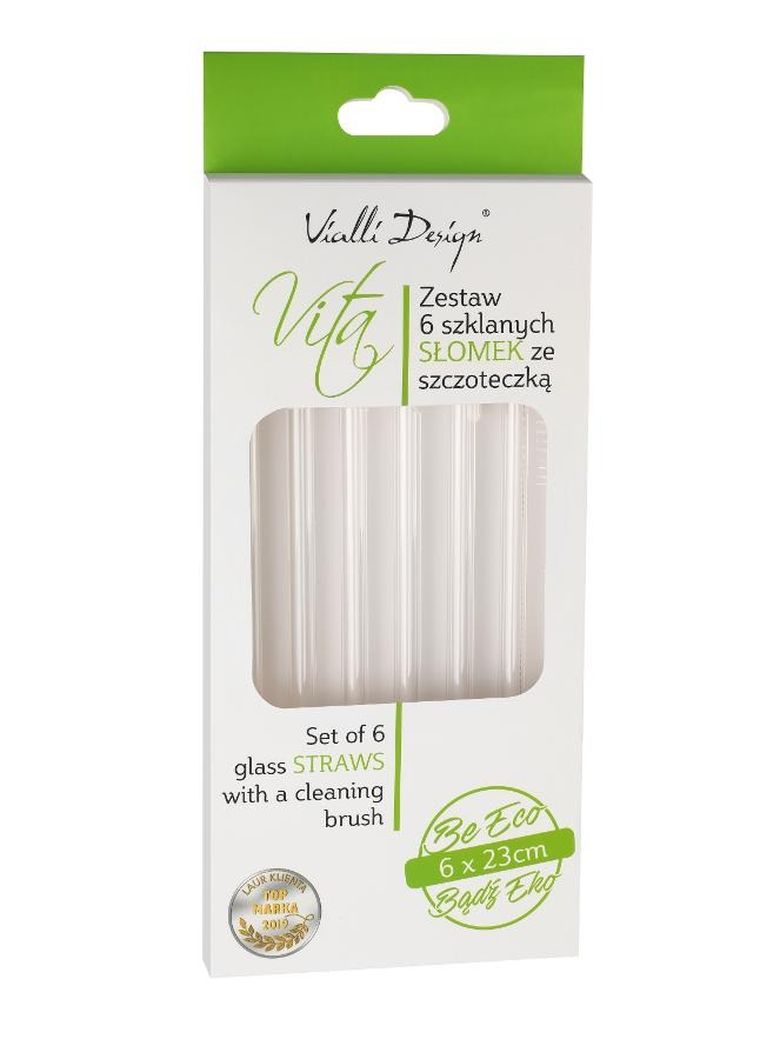 Vialli Design, słomki szklane transparent zakrzywione, ze szczoteczką, 23 cm, 6 szt.
