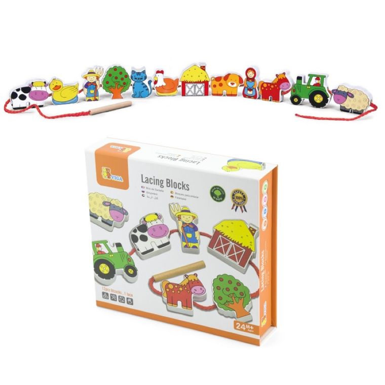 Viga Toys, Życie na farmie, klocki do nawlekania, 12 elementów