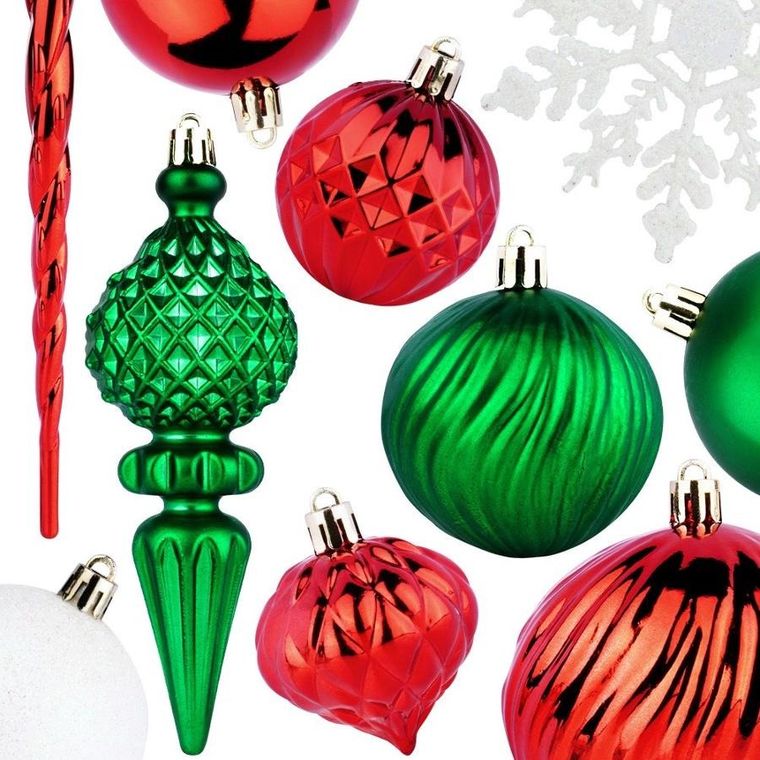 Vilde, bombki choinkowe nietłukące, czerwone, zielone, białe, 57 szt.