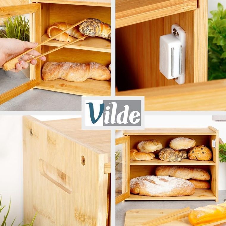 Vilde, chlebak bambusowy ze szczypcami, dwupoziomowy, 40-20-31 cm