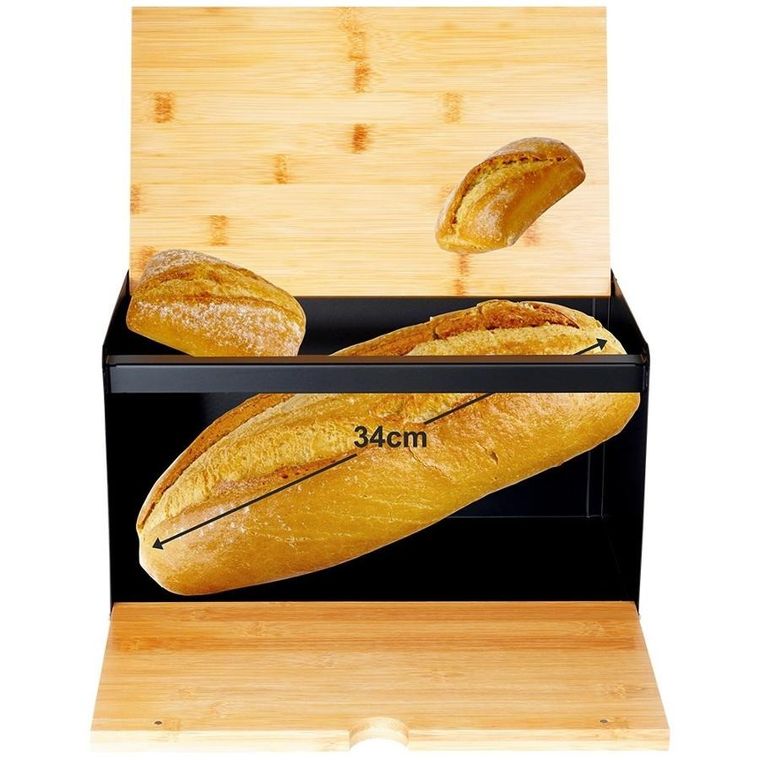 Vilde, chlebak drewniano-metalowy, podwójna pokrywa, czarny, 35,5-22-20,5 cm