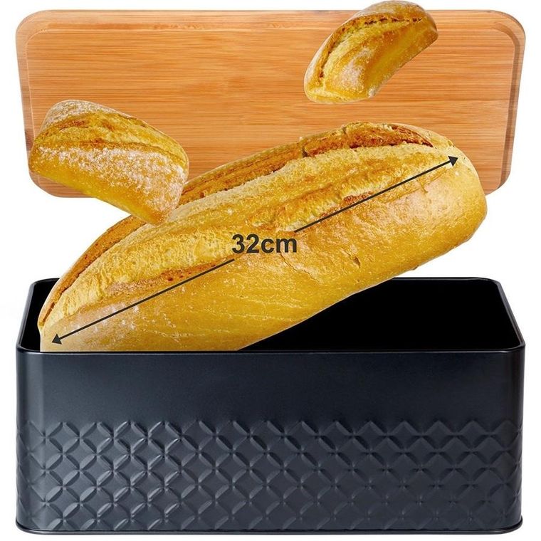 Vilde, chlebak metalowy z deską drewnianą, czarny, 33,5-18,5-12,5 cm