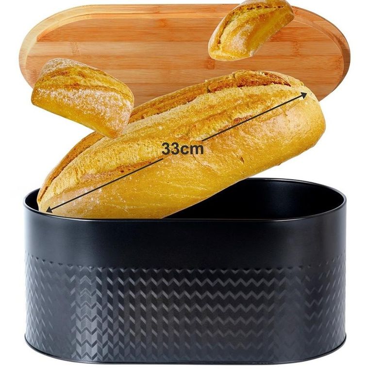 Vilde, chlebak stalowy z deską drewnianą, czarny, 34-18,5-15,5 cm