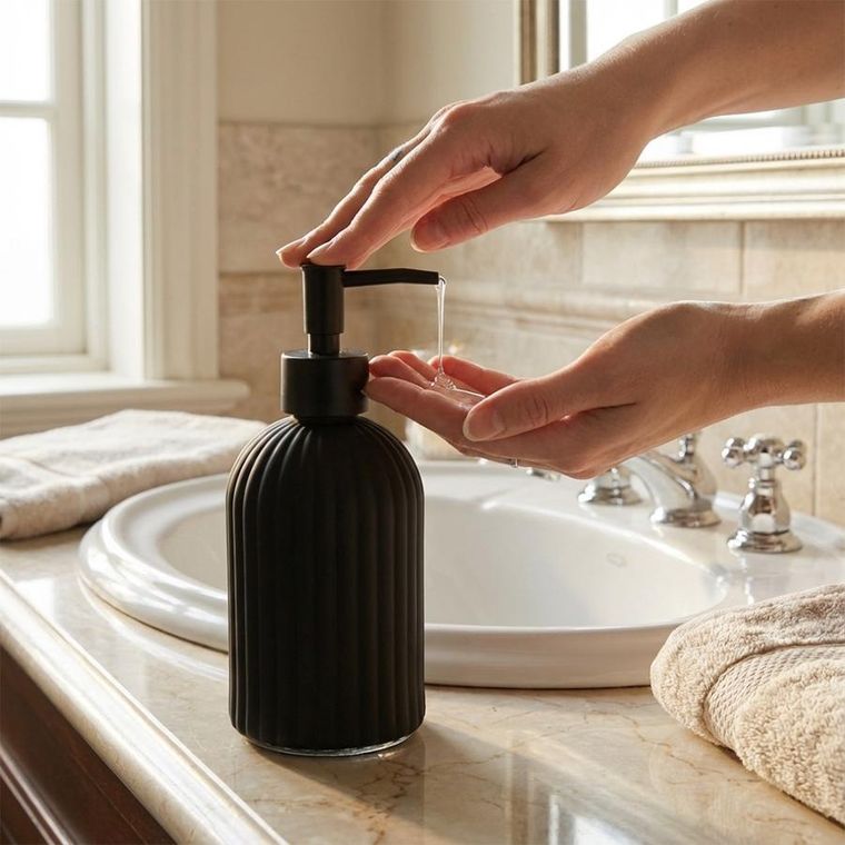 Vilde, dozownik do mydła, szklany, czarny, 400 ml