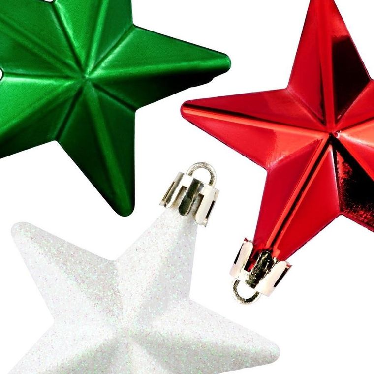Vilde, Gwiazdki, bombki choinkowe nietłukące, czerwone, zielone, białe, 6,5 cm, 8 szt.