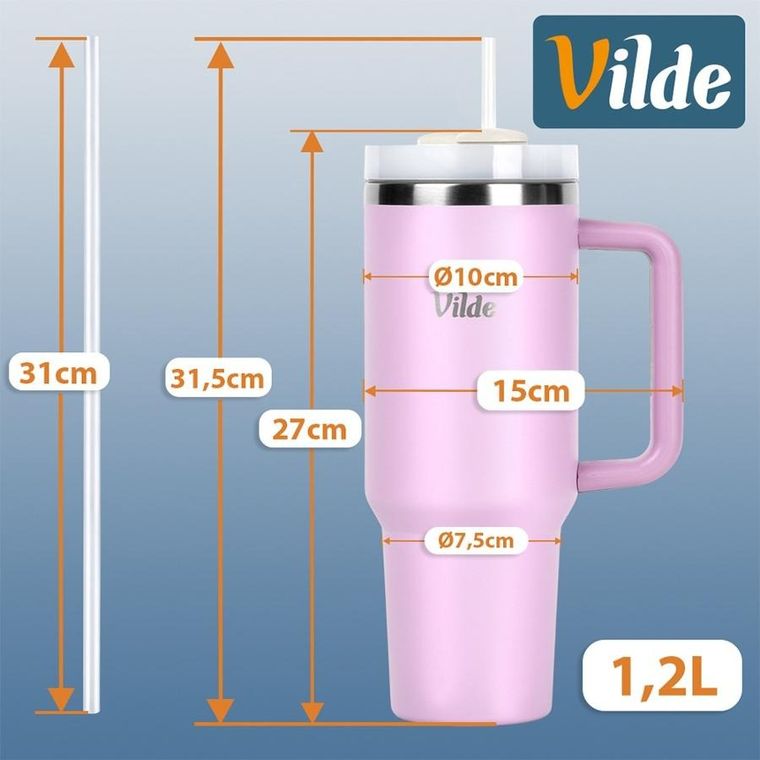 Vilde, kubek termiczny z uchwytem, stalowy, różowy, 1,2l