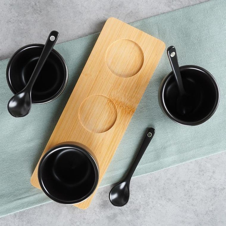 Vilde, miseczki na przekąski z łyżeczkami ceramiczne, czarne, 90 ml, 7 el.