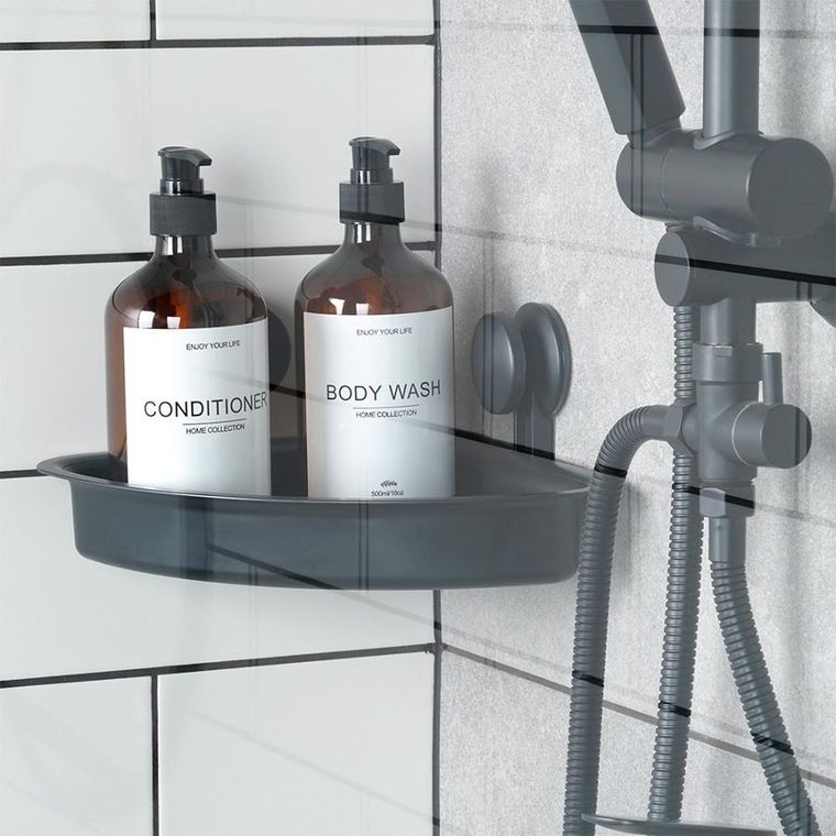 Vilde, półka pod prysznic na przyssawki, narożna, czarna, 28-22-12 cm