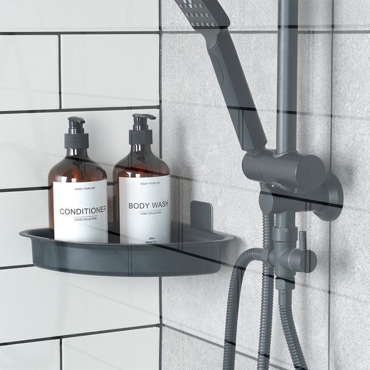 Vilde, półka pod prysznic, narożna, przyklejana, czarna, 28-22-8 cm