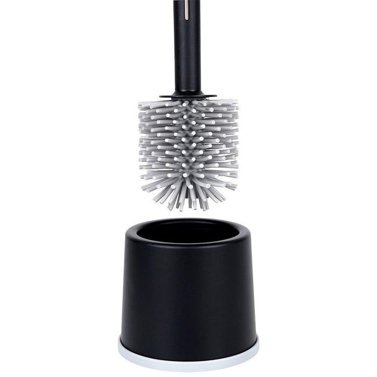 Vilde, silikonowa szczotka do toalety ze stojakiem i dozownikiem płynu, czarna, 40 cm
