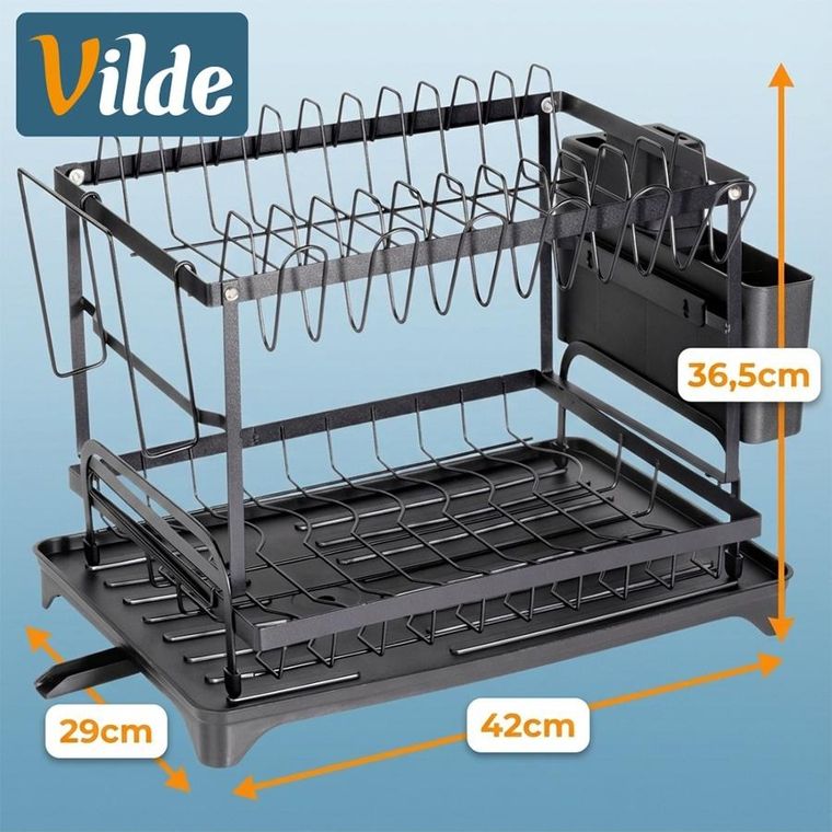 Vilde, suszarka na naczynia, metalowa, czarna, 2-poziomowa, 42-29-36,5 cm