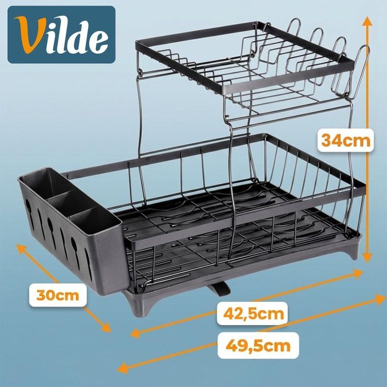 Vilde, suszarka na naczynia, metalowa, czarna, 2-poziomowa, 49,5-30-34 cm