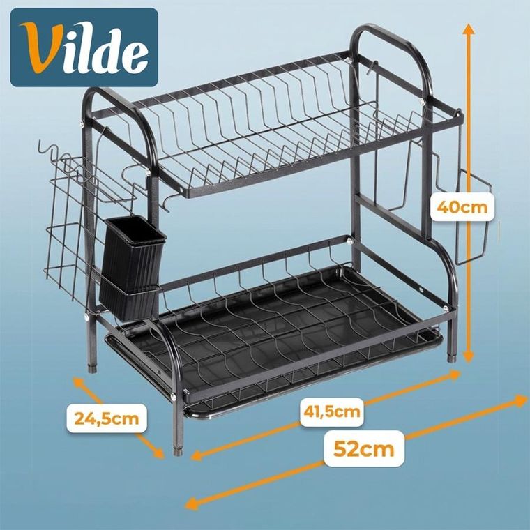 Vilde, suszarka na naczynia, metalowa, czarna, 2-poziomowa, 52-24,5-40 cm