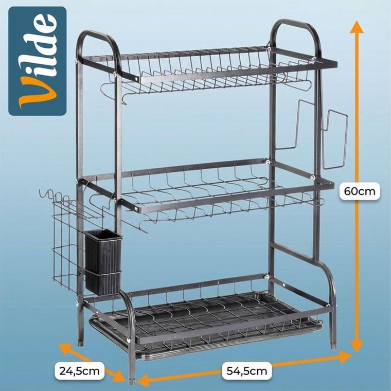 Vilde, suszarka na naczynia, metalowa, czarna, 3-poziomowa, 54,5-24,5-60 cm