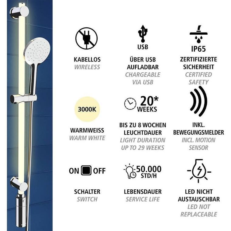 Wenko, drążek prysznicowy LED 94 cm, ciepła biel, słuchawka i wąż prysznicowy