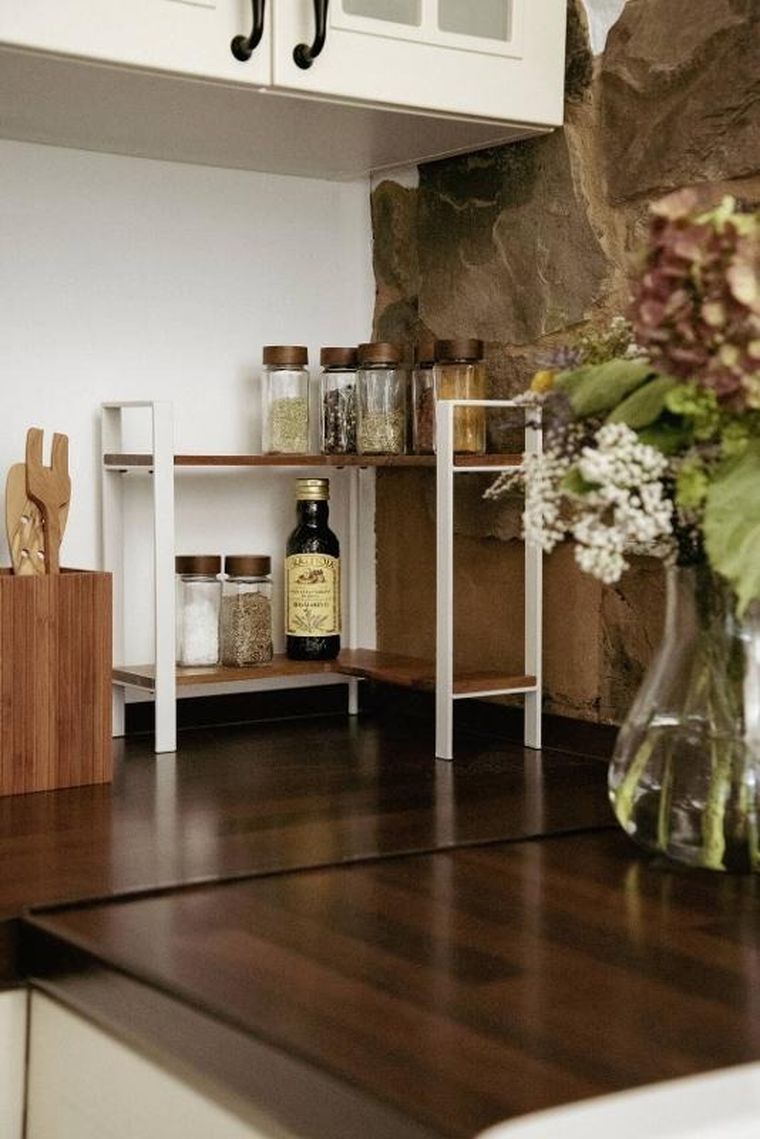 Wenko, Louisa, narożna, dwupoziomowa półka kuchenna na blat, drewno akacji