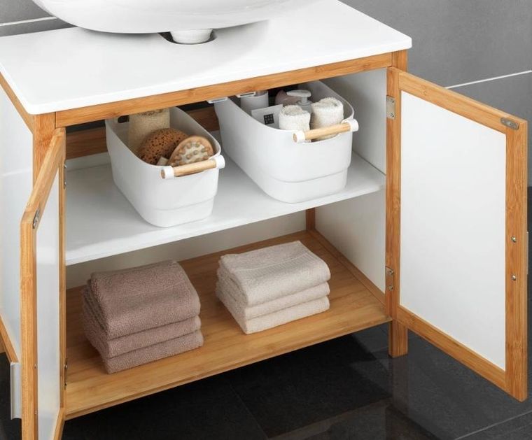 Wenko, pojemnik plastikowy z drewnianą rączką, 18-15,5-33,5 cm