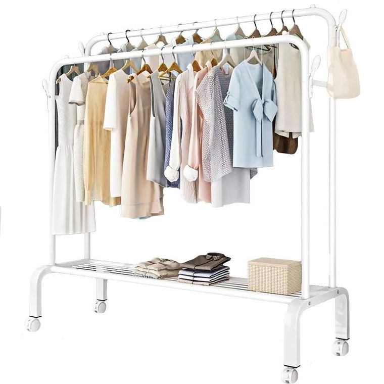 Wielofunkcyjny wolnostojący wieszak na ubrania, podwójny, biały, 150-154 cm